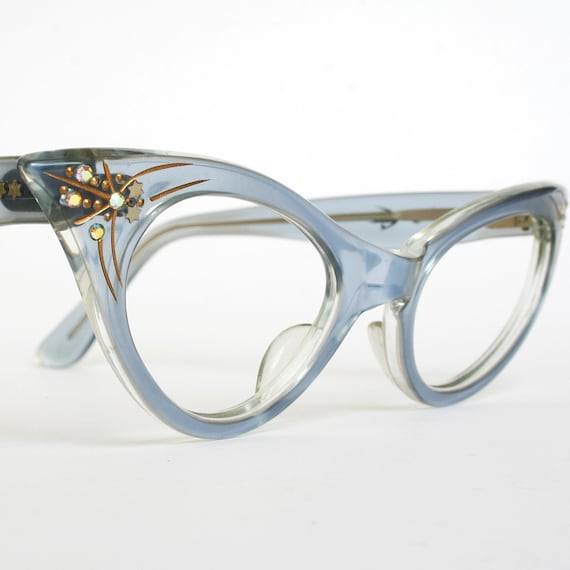 Vintage Cat Eye Glasses Translucent Blue with Rhinestones