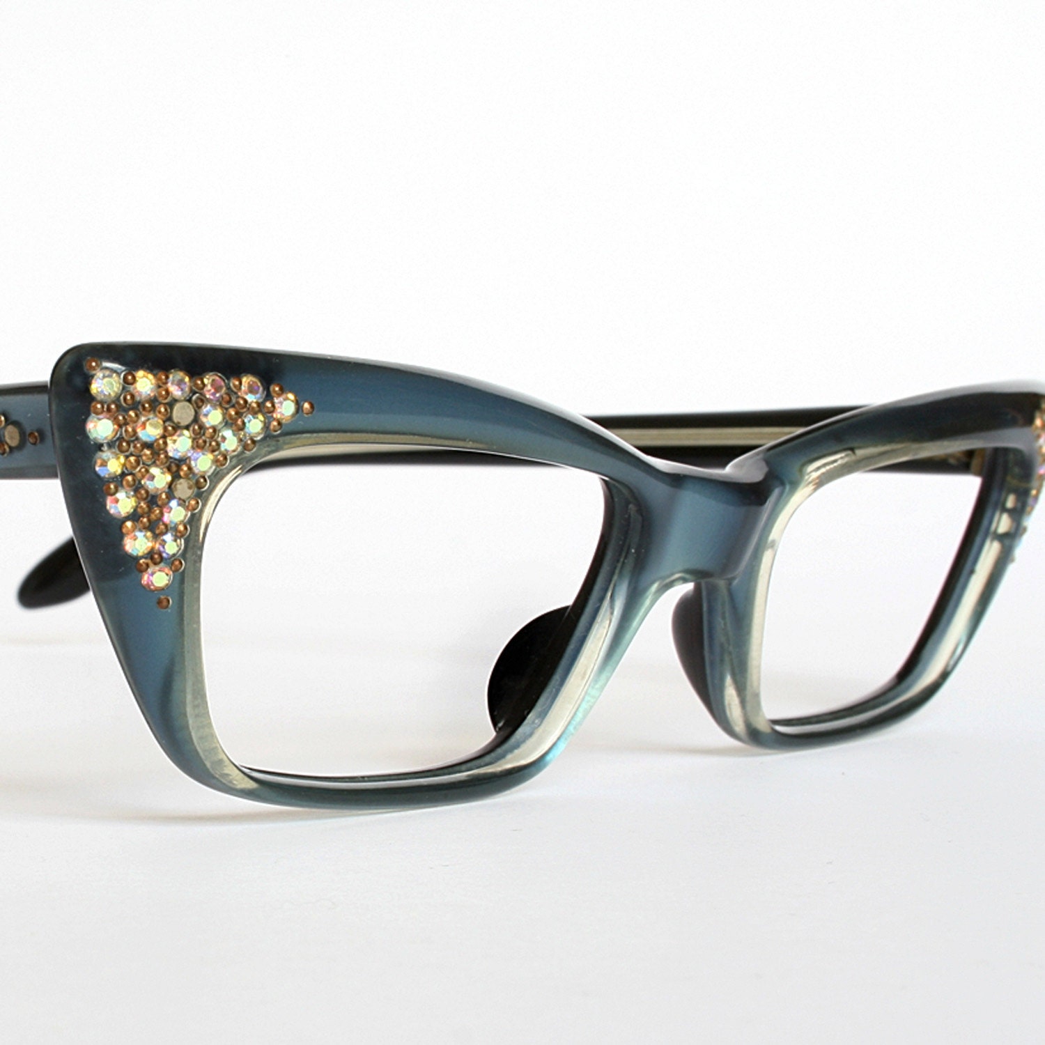 Satiny Blue Rhinestones Vintage Cat Eye Glasses New Old Stock 