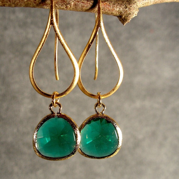 Bridesmaid Earrings Gold Earrings Teal Green Glass