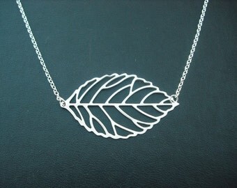 matte silver skeleton leaf necklace - white gold plated