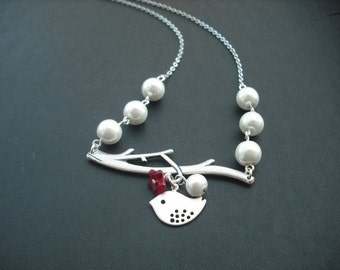 bare branch and mod bird necklace- matte white gold and antique silver