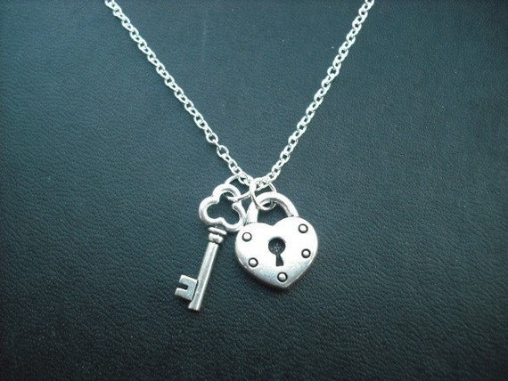 heart padlock and key charm necklace white gold plated chain