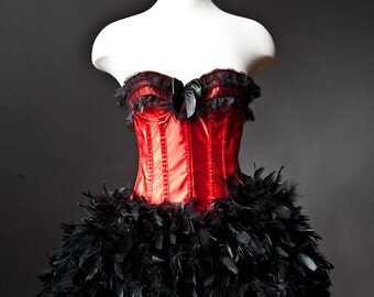 Custom size red and black burlesque feather corset prom dress