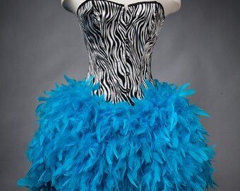 Custom Size Zebra corset with full Turquoise feather skirt