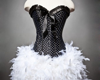 Custom sizel Black and White Polka Dot Burlesque Feather Corset Dress available in small-XL