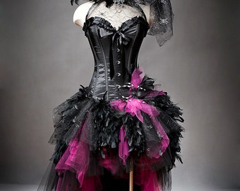 Custom Size hot pink and black Feather Burlesque Corset Witch costume with Hat s-xl
