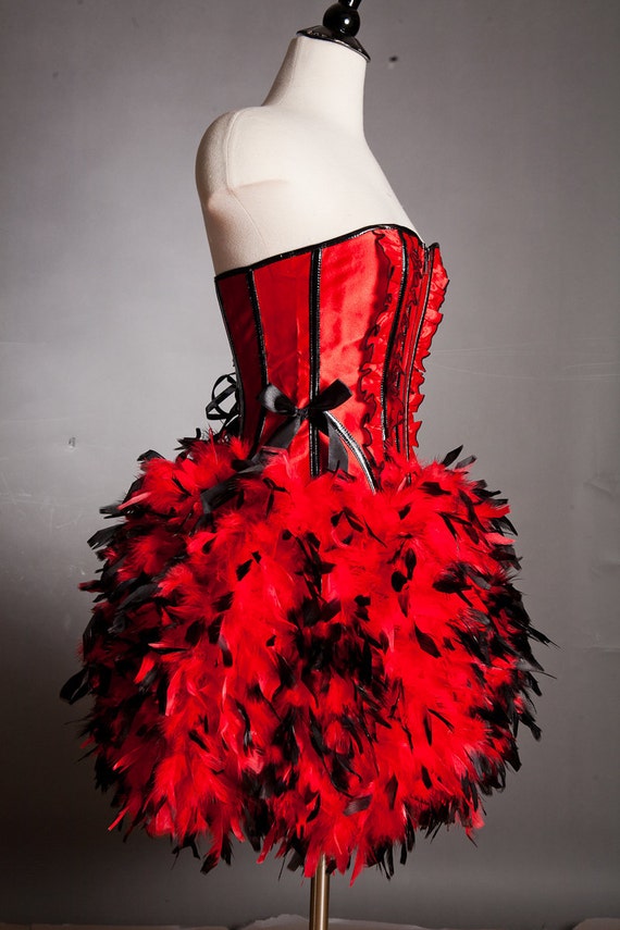 Size Small Red and Black Burlesque corset feather dress Ready