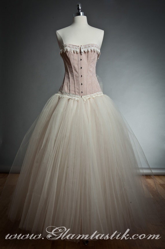Custom Size Peach and ivory lace burlesque corset prom dress