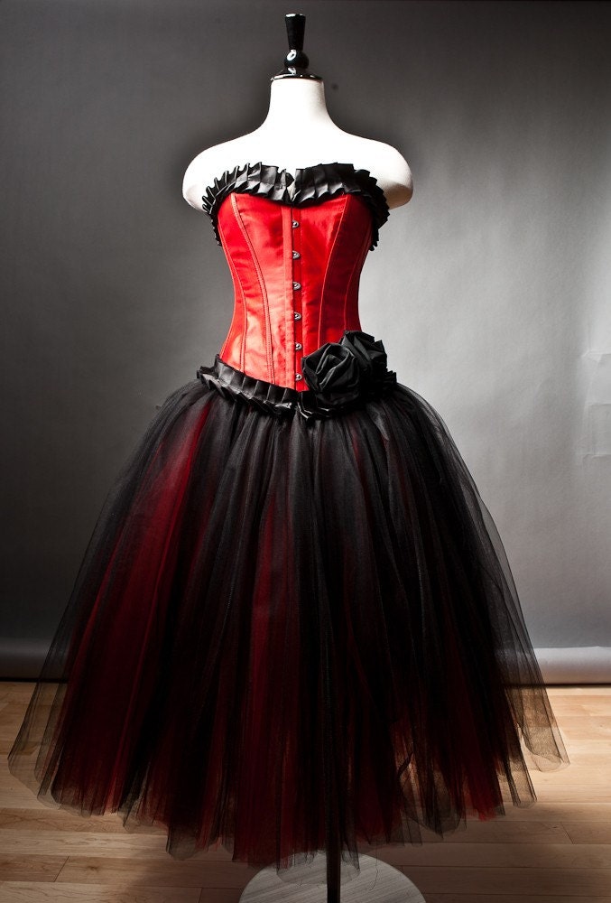 Custom Size Red and Black burlesque corset prom dress tea