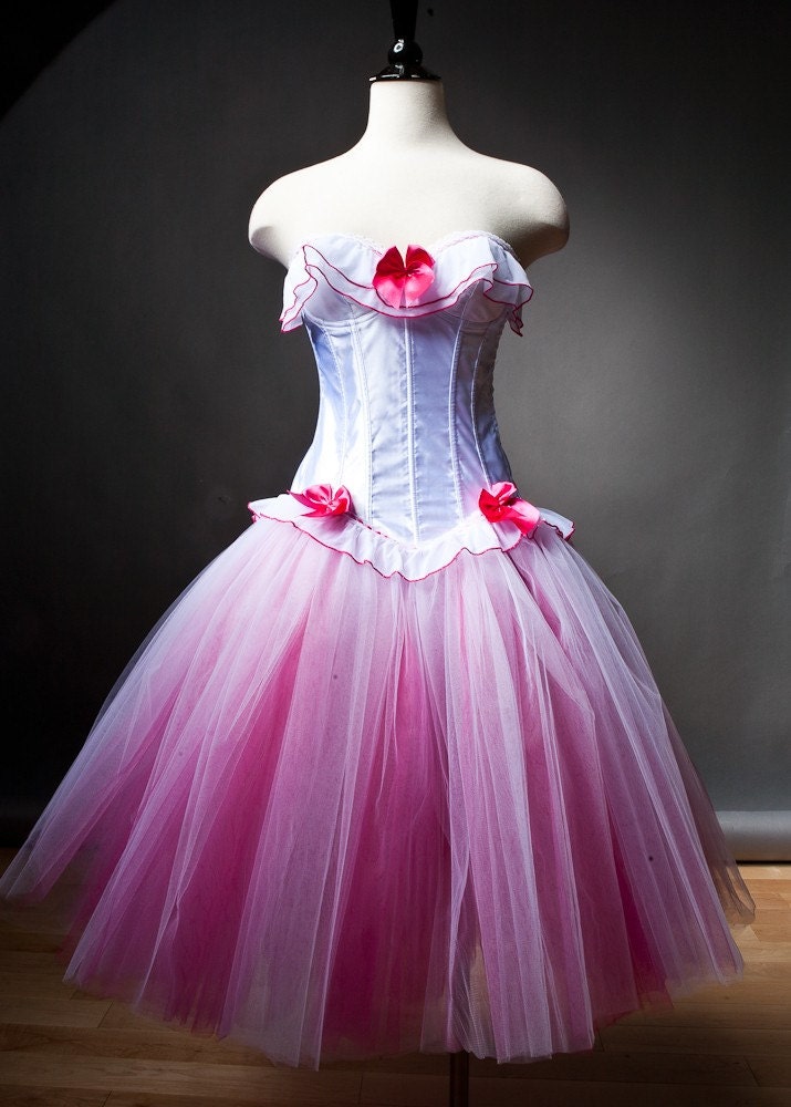 Size Small white and hot pink tulle burlesque corset prom