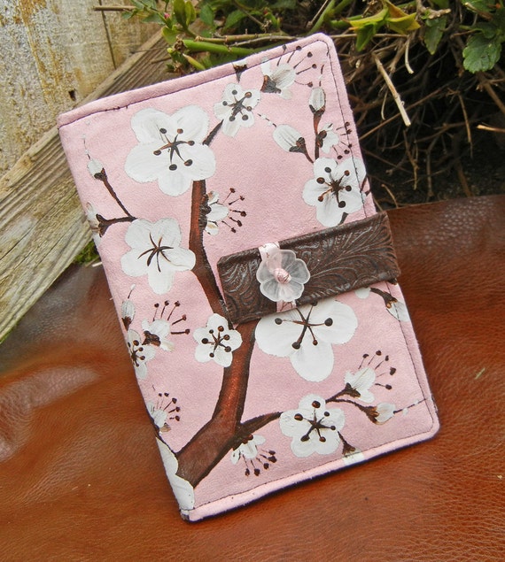 Kindle Fire Cover, Nook Cover, e-reader Cover-Soft Pink Suede Padded Book Style Cover Hand Painted with Cherry Blossoms