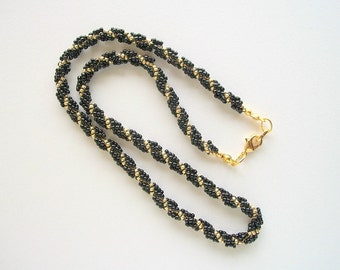 Choker Spiral Beadwoven Necklace Black and Golden Seed Beads