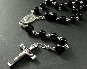Classic Black Rosary Beaded in Silver. Unisex Rosary. Mens Rosary. Handmade Rosaries.