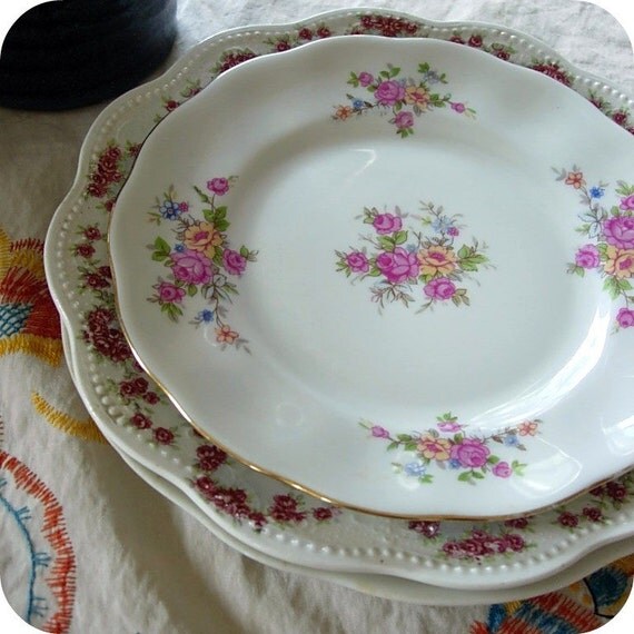 Vintage Floral China Plates SET of 3 MISMATCHED