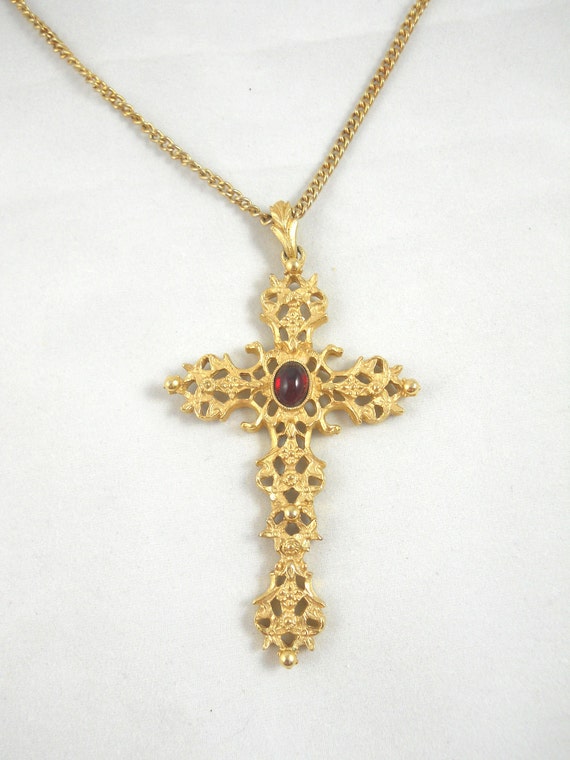 Vintage Goldtone Avon Cross Necklace with a Ruby Red Cabochon Center