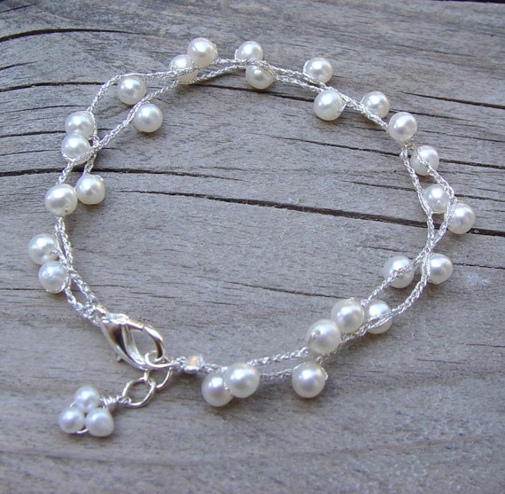 Items similar to Hand Crocheted Pearls Bracelet In Silver, Bridal Pearl ...