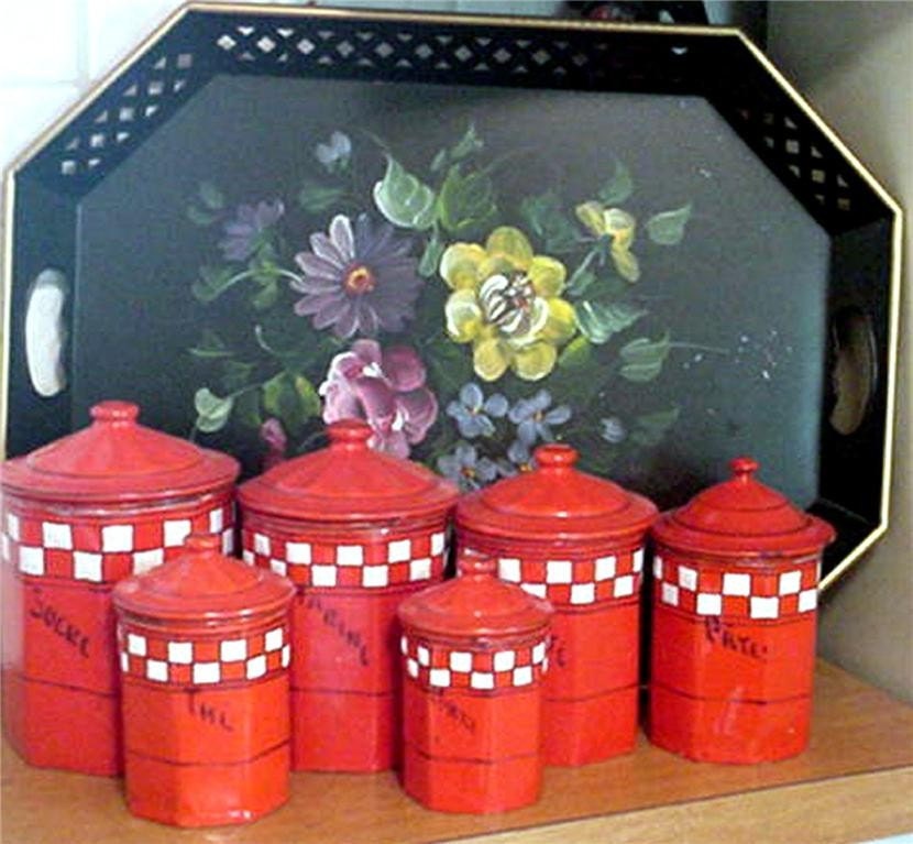 Reserved Antique French Red Enamelware Canister Set Farmhouse