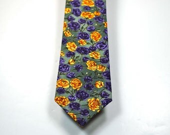 Rose Necktie, Mens Necktie, Custom Neckties, Purple Rose Neckties, Purple and Gold Rose Necktie, Purple Necktie, Mens Neckties