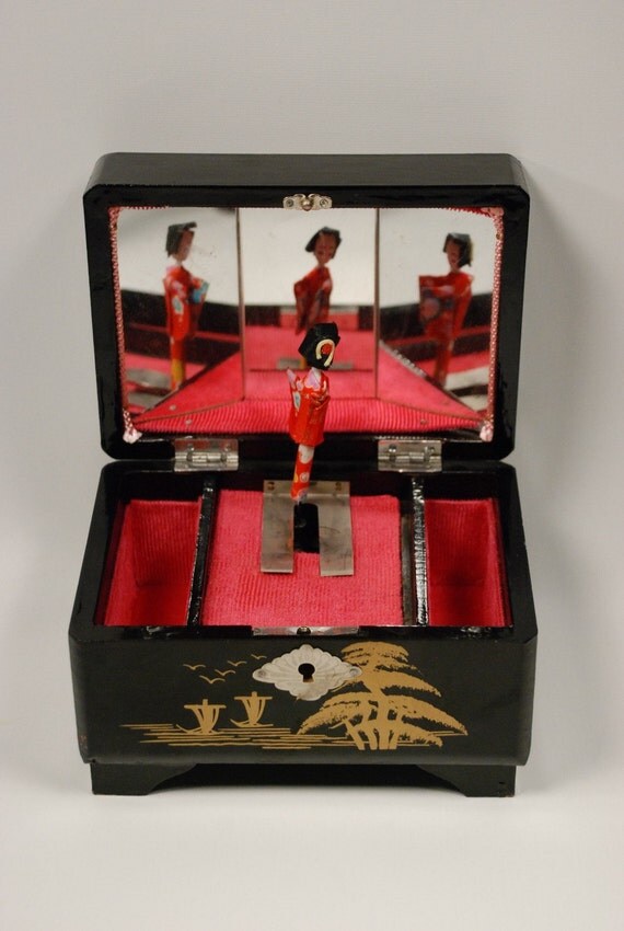 Vintage Japanese Geisha Jewelry Music Box Hand Painted Black