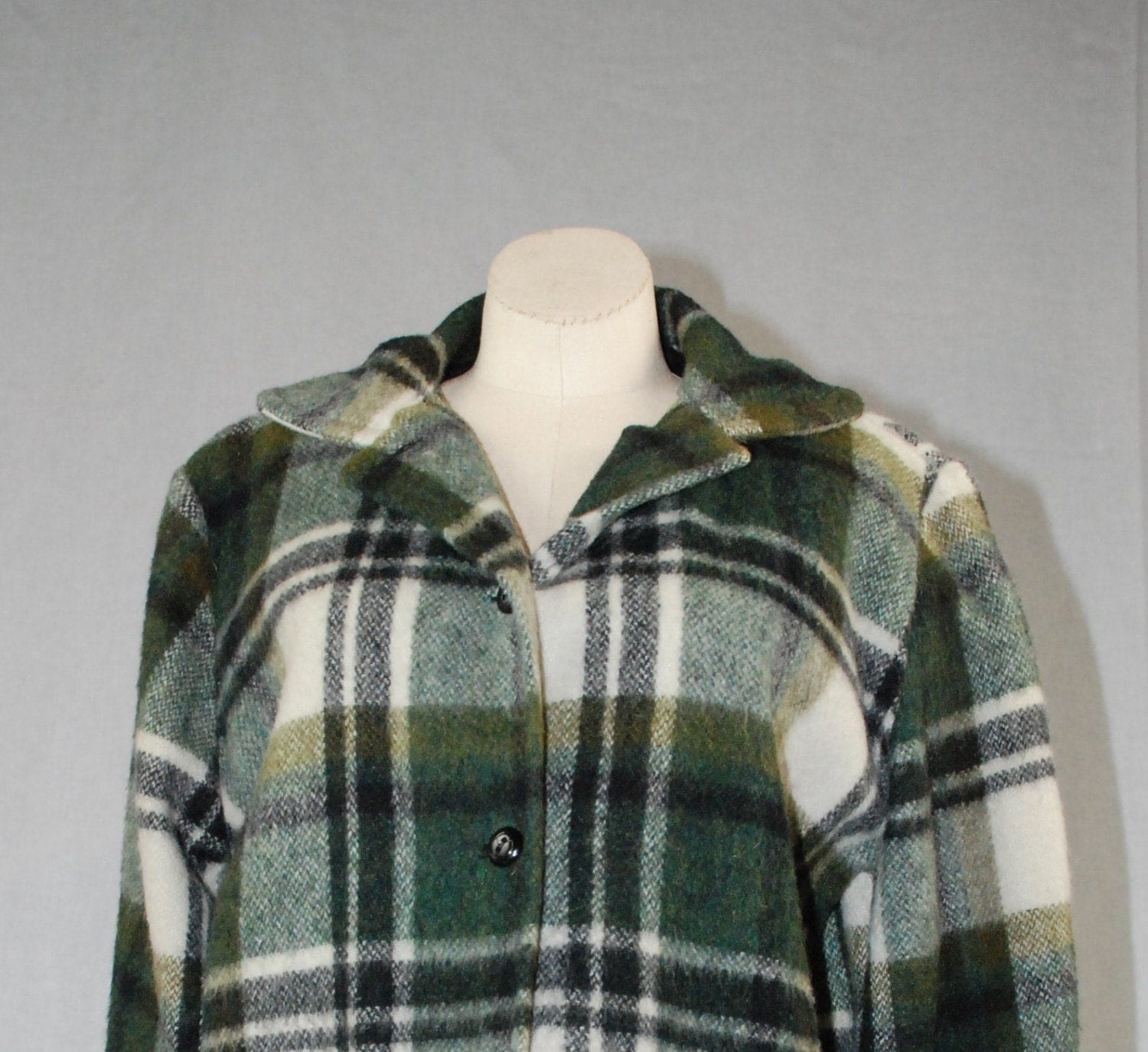 Vintage Canadian Wool Mohair Camper Coat Green Cream Plaid