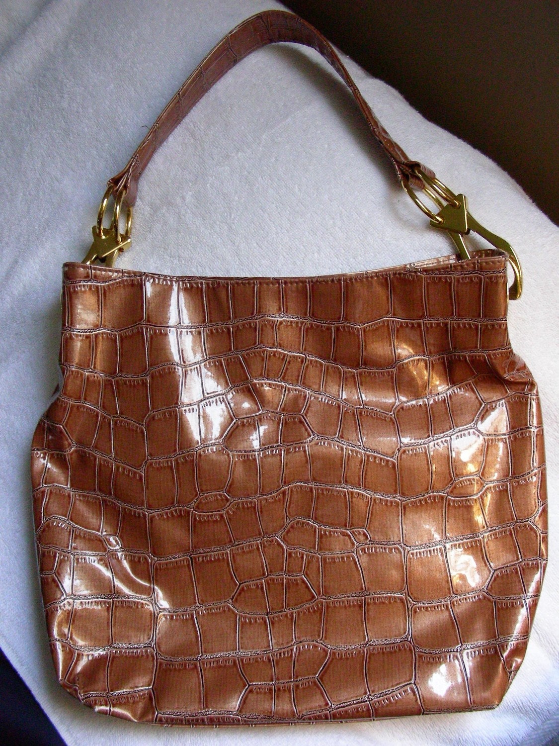 Lovely bronze faux croc patent leather handbag by designer