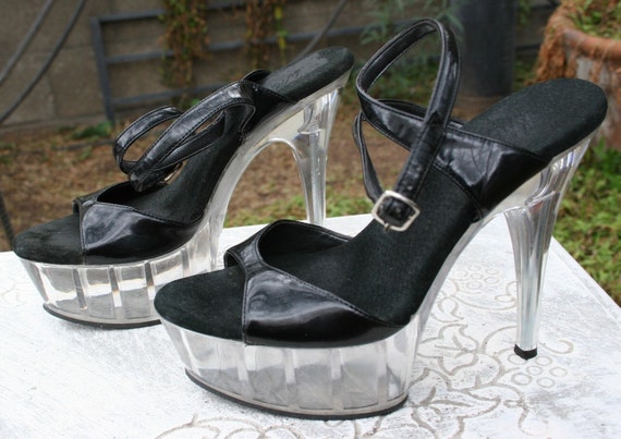 1980s Wild Pair Sky High Clear Lucite Stiletto Platforms With