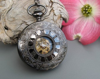 Engraved Black Pocket Watch, Elegant Mechanical Pocket Watch includes Watch Chain - Groomsmen Gift - Engravable - Item MPW152
