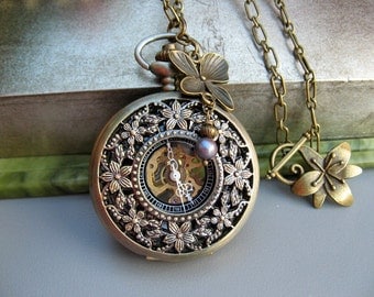 Cherry Blossom Pocket Watch Necklace, Antique Bronze Pocket Watch, Orchid & Black Pearl Charm - Item MPW-N67