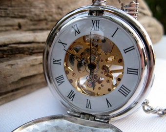 Pocket Watch Engraved Silver Roman Mechanical - Double Cover - Engravable, Groomsmen, Wedding, Men, Victorian Steampunk Era - Item MPW66