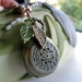 Love Bird Pocket Watch Necklace - Victorian Lace Antique Bronze - Czech Glass Leaf and Flower Charms