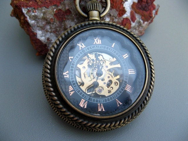 Antique Bronze Mechanical Pocket Watch - Pocket Watch Chain - Glass Magnifying Cover - Steampunk Victorian Era - Groomsmen - Item MPW110