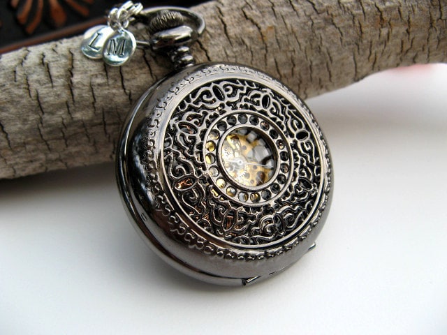 Black Art Deco Mechanical Pocket Watch with Pocket Watch Chain - (charms listed separately) - Men - Watch - Item MPW704