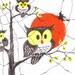 1960s HALLOWEEN NAPKIN - Hooty Owls In Trees, Witch On Broomstick, Big Spider Web - Vintage