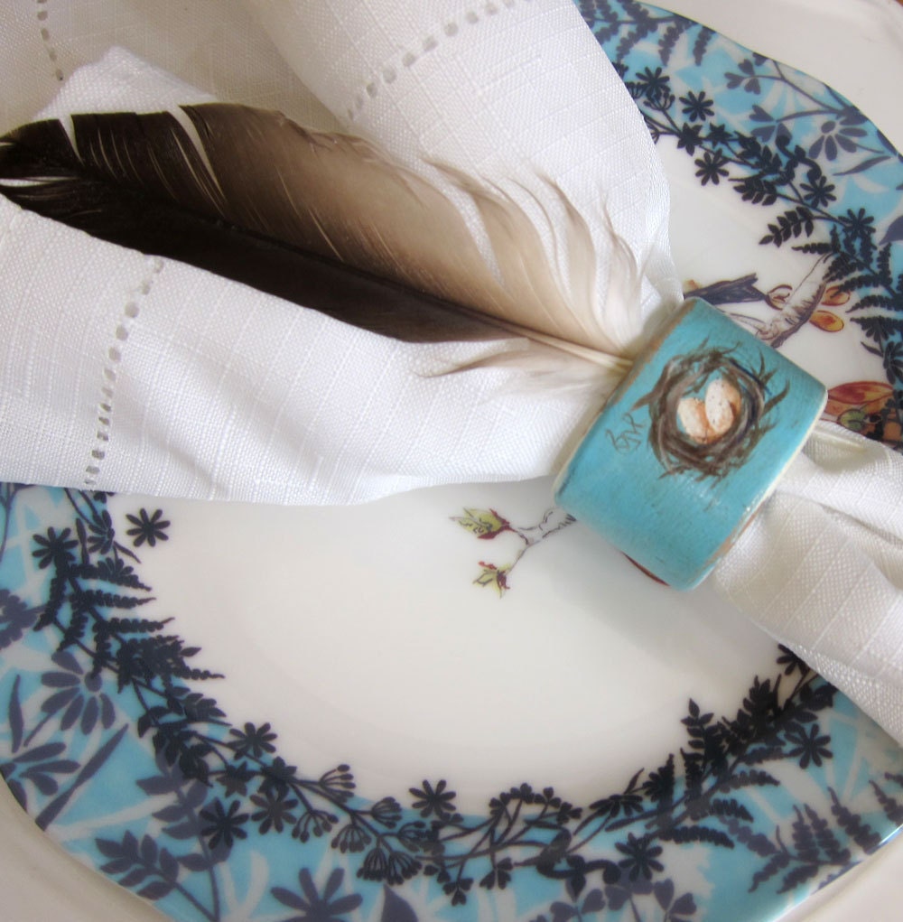 French Country Farmhouse Napkin Rings Nest and Eggs Set of 4