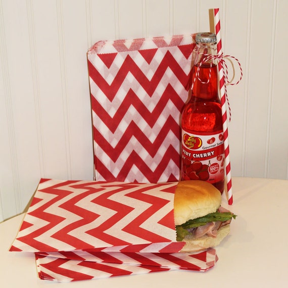 Paper Bags, 20 Red Chevron Sandwich Bags, Red Paper Bag, Chevron Bags, Candy Bag, Favor Bags, Wedding Candy Bag, Hamburger Bag, Sandwich Bag Il_570xn