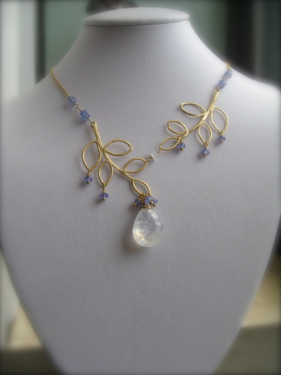 Rainbow Moonstone Leaf Necklace with Tanzanite by SMVdesigns