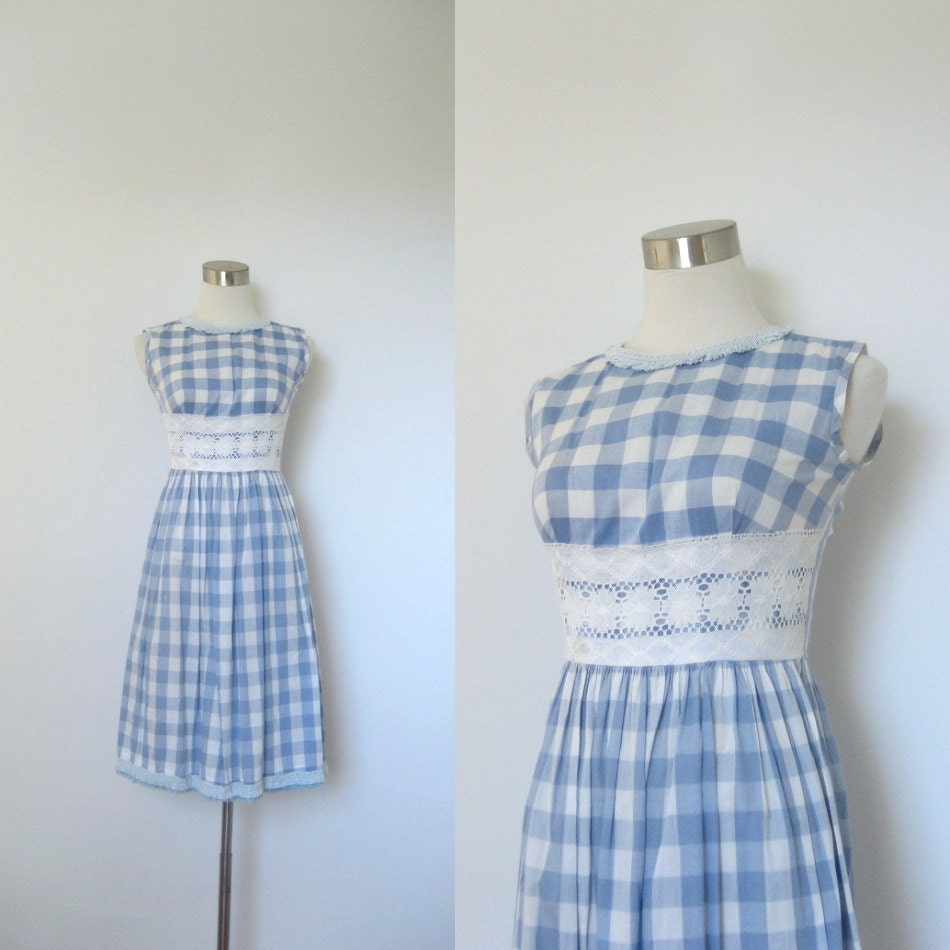 1950s Plaid Dress / 50s Blue and White Check Dress / Crochet