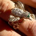 Vintage Unique Hand made by a artist bee motif Gold and faux diamonds ring with Emerald green eyes Stunning