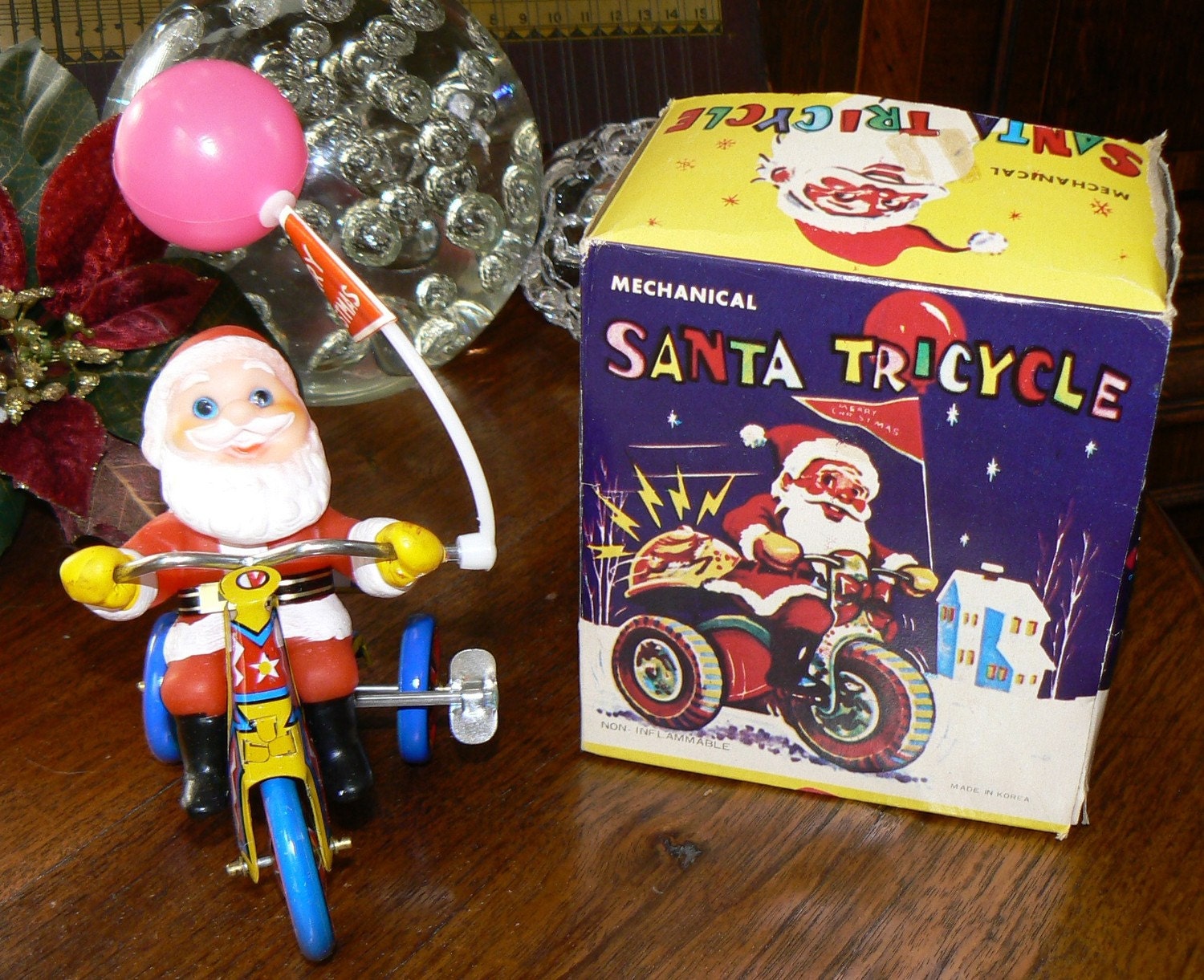 Vintage Tin Wind Up Santa Claus Tricycle Toy in Box by KrauseHaus