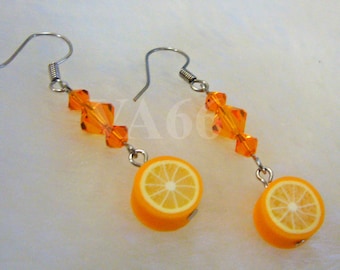 Fun Fruit Earrings Juicy Orange and Swarovski Crystals Earrings for Children, girl, birthday gift etc