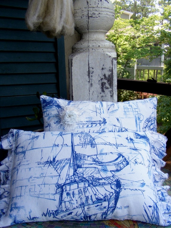 Blue and White Ruffled Pillow BCH Original