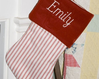Red Ticking and Velvet Christmas Stocking, Personalized