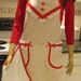 Full apron, Extra long, Vintage Style, White/Red print with red accents and lace trim