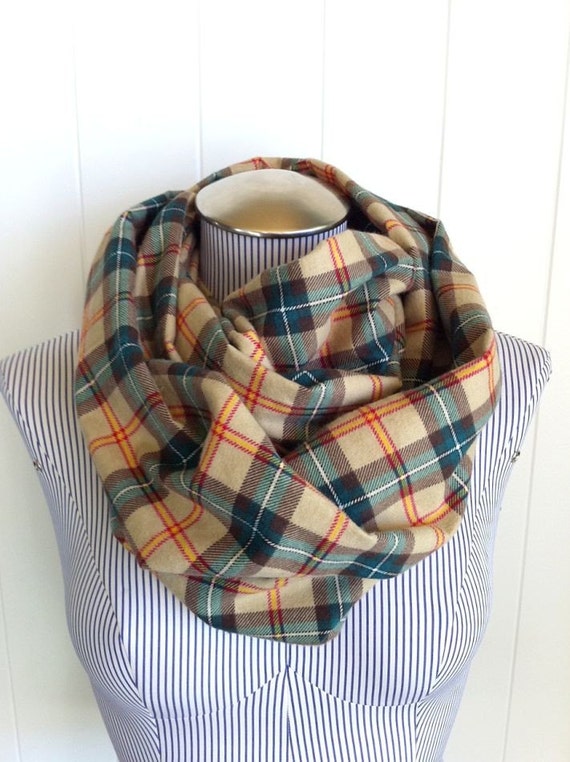 Unisex Plaid Infinity Scarf Stylish Beige Dark Brown and