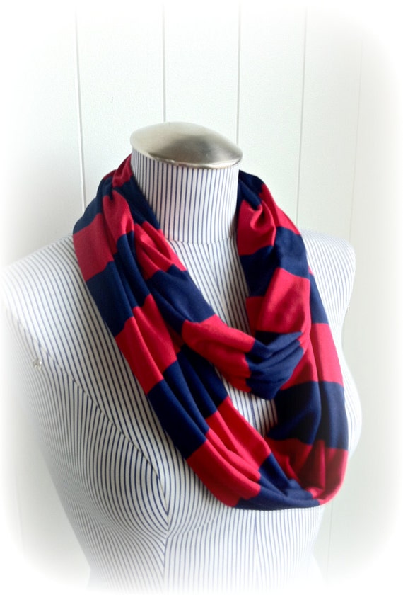Striped Scarf Red and Navy Blue Casual Infinity Scarf Jersey