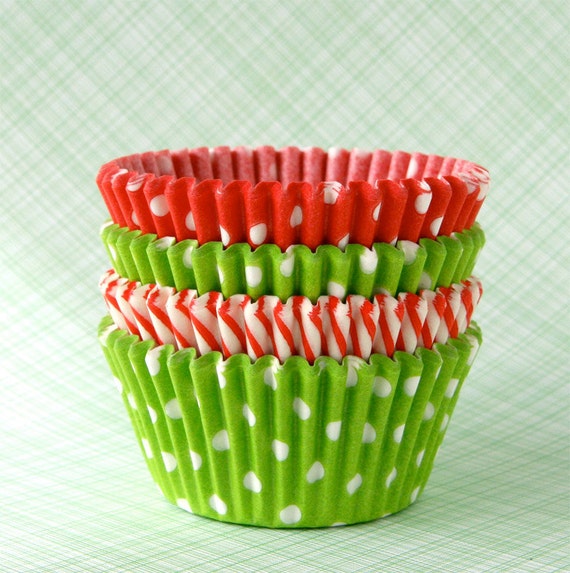 Christmas Mix Cupcake Liners Baking Cups - Lime and Red - Polka Dot and Stripes (60) Il_570xn