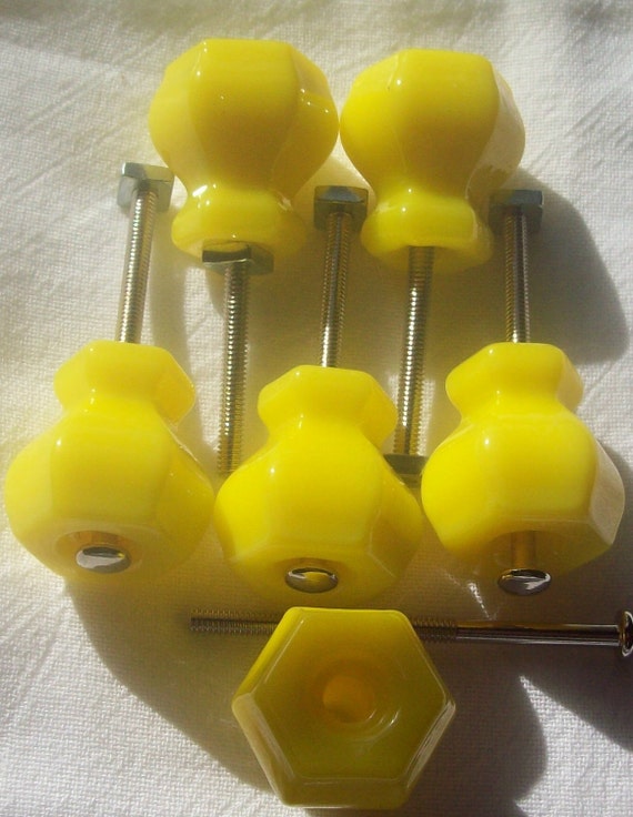 FREE SHIPPING 6 Lemon Yellow Glass Knobs Drawer Pulls Trim