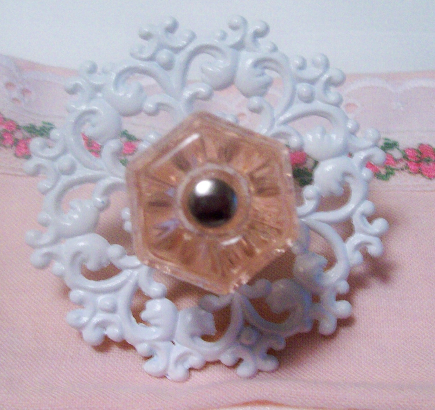 Drawer Pull Pink Glass Knob with Curvy Vintage Backplate