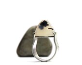 Modern Zen Montana Agate Silver Ring Black White Dome Shaped Natural Gemstone Slice Inspirational Statement Band Wide Shank - Cloud Temple