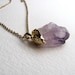 Gold dipped raw amethyst pendant necklace on long vintage gold metal chain